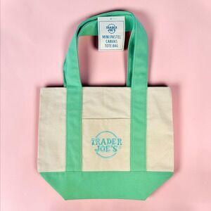 Trader Joe's Mini Pastel Canvas Tote Bag, Mint Green, Cream, NWT, Limited